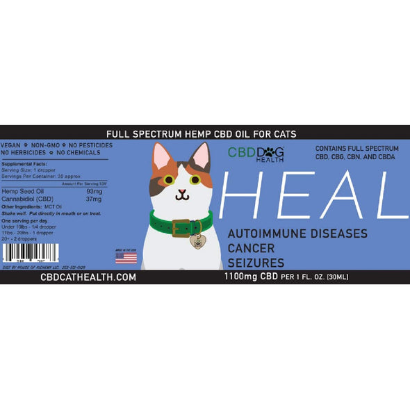 HEAL-Full Spectrum Hemp Extract (CBD) For Cats - 1100 MG is made by CBD Dog Health, label