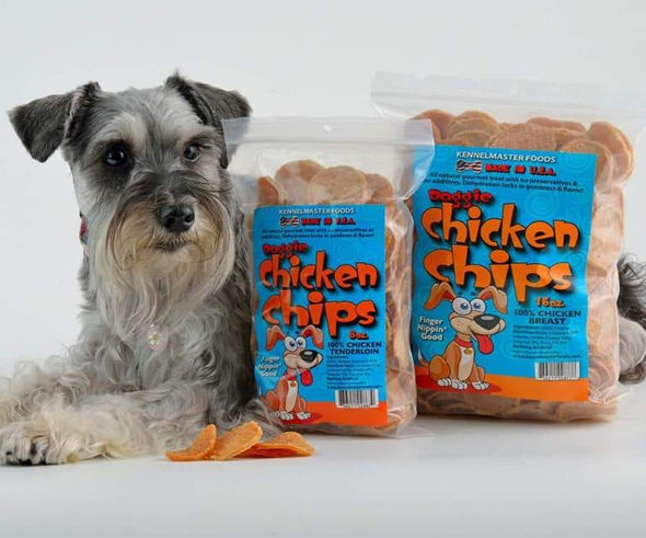 Chips Natural “Original” Doggie Chicken Chips, with dog