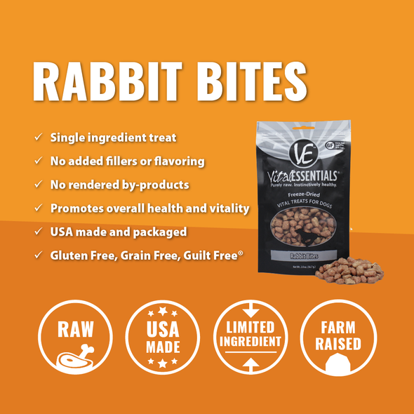 Vital Essentials Rabbit Bites Freeze-Dried Treats for Dogs. Barking Dog Bakery & Feed