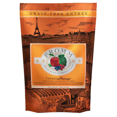 Fromm Four-Star Nutritionals¨ Chicken Au Frommage¨ Recipe Food for Dogs, front of package-orange