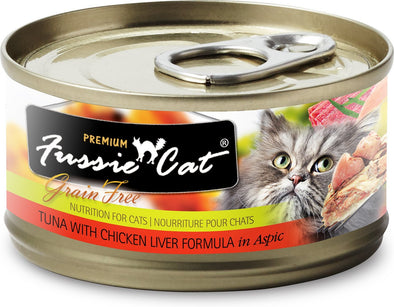 Fussie Cats Tuna With Chicken Liver Formula In Aspic Canned Cat Food, front of can