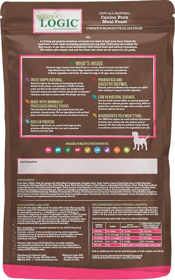 Nature's Logic Distinction Canine Beef Recipe Dry Dog Food for All Stages, back of package-pink