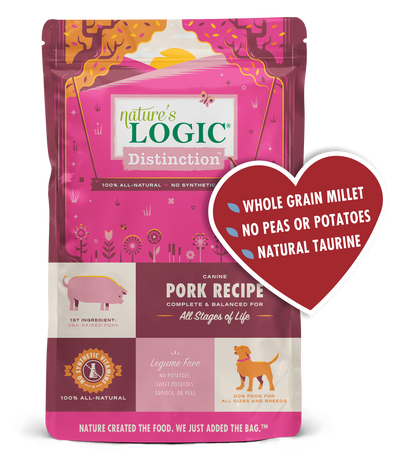 Nature's Logic Distinction Canine Beef Recipe Dry Dog Food for All Stages, front of package-pink