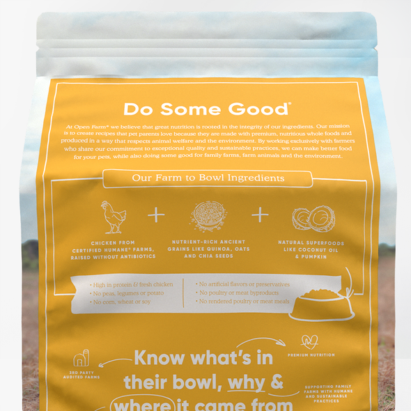 Open Farm Harvest Chicken & Ancient Grains Dry Dog Food, back of package-yellow