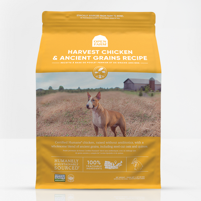 Open Farm Harvest Chicken & Ancient Grains Dry Dog Food, front of package-yellow