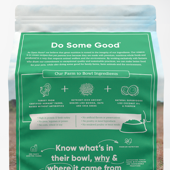 Open Farm Homestead Turkey & Ancient Grains Dry Dog Food, back of package-green