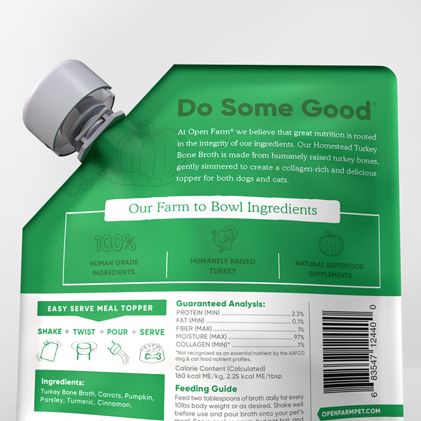 Homestead Turkey Bone Broth Bundle of 3 Pouches for Dogs,, back of pouch, at Barking Dog Bakery and Feed
