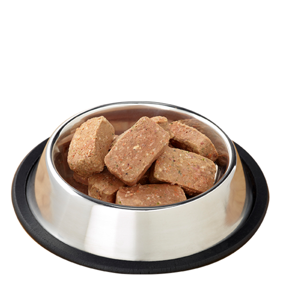 Raw Frozen Feline Duck Nuggets Formula by Primal, food in bowl