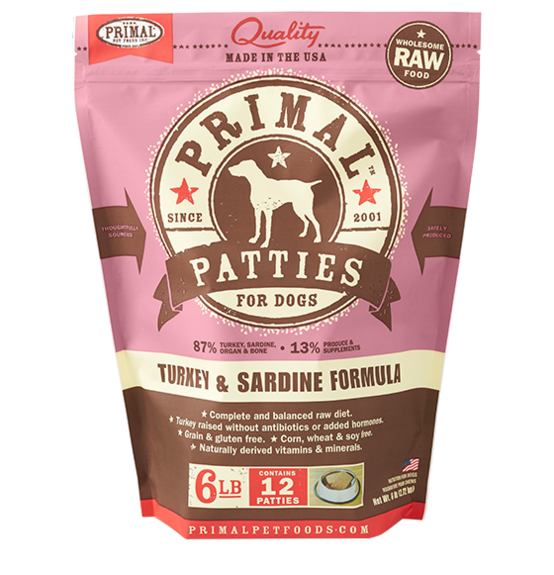 Primal Pet Foods Raw Frozen Canine Turkey and Sardine Patties Formula-front
