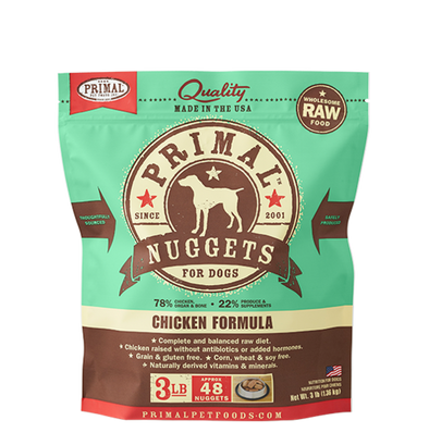 Primal Pet Foods Raw Frozen Canine Chicken Nuggets Formula, front of green pack