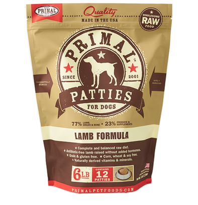 Primal Pet Foods Raw Frozen Canine Lamb Patties Formula-Front Brown Package