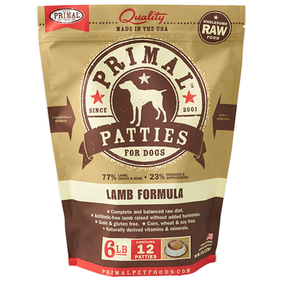 Primal Pet Foods Raw Frozen Canine Lamb Patties Formula-Front Brown Package