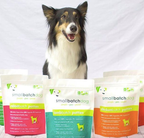 Small Batch Freeze Dried Chicken Dog Food, dog poses with different flavors