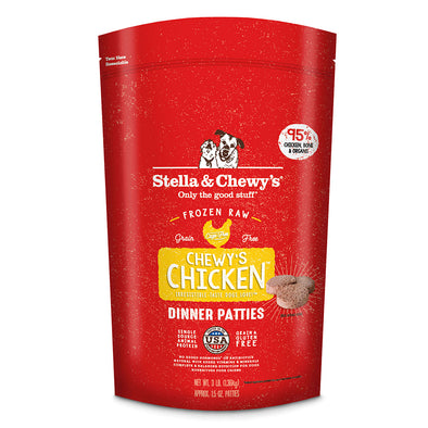 Chewy's Chicken Frozen Raw Patties for Dogs by Stella and Chewy's, front of red package