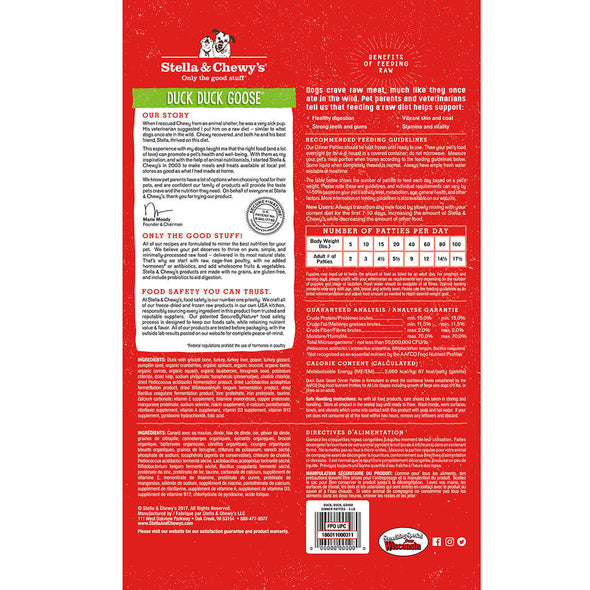 Duck Duck Goose Frozen Raw Dinner Patties for Dogs by Stella and Chewy's-Back of package