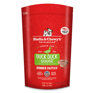 Duck Duck Goose Frozen Raw Dinner Patties for Dogs by Stella and Chewy's, at Barking Dog Bakery & Feed