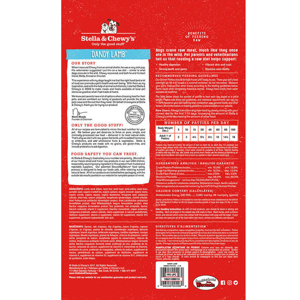 Dandy Lamb Frozen Raw Dinner Patties for Dogs by Stella and Chewy's, back red package