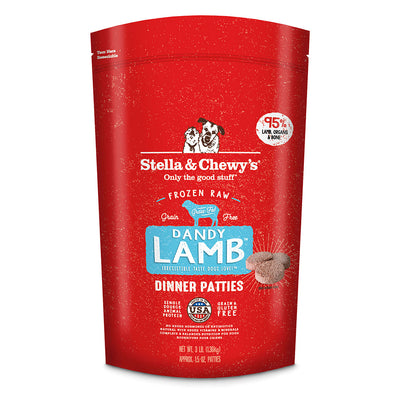 Dandy Lamb Frozen Raw Dinner Patties for Dogs by Stella and Chewy's-front red package
