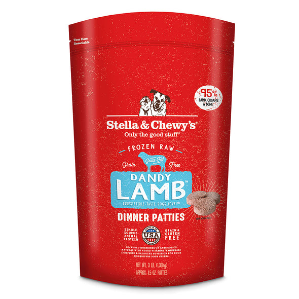 Dandy Lamb Frozen Raw Dinner Patties for Dogs by Stella and Chewy's-front red package