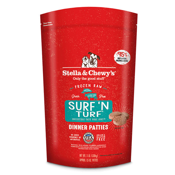 Surf'N Turf Frozen Raw Dinner Patties for Dogs by Stella and Chewy's, front package