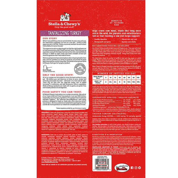 Tantalizing Turkey Frozen Raw Dinner Patties for Dogs by Stella and Chewy's, back of red package