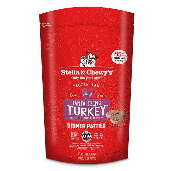 Tantalizing Turkey Frozen Raw Dinner Patties for Dogs by Stella and Chewy's, at Barking Dog Bakery & Feed
