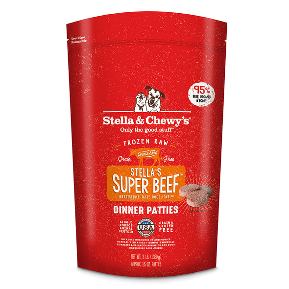 Super Beef Frozen Raw Dinner Patties for Dogs, front of red package, at Barking Dog Bakery & Feed