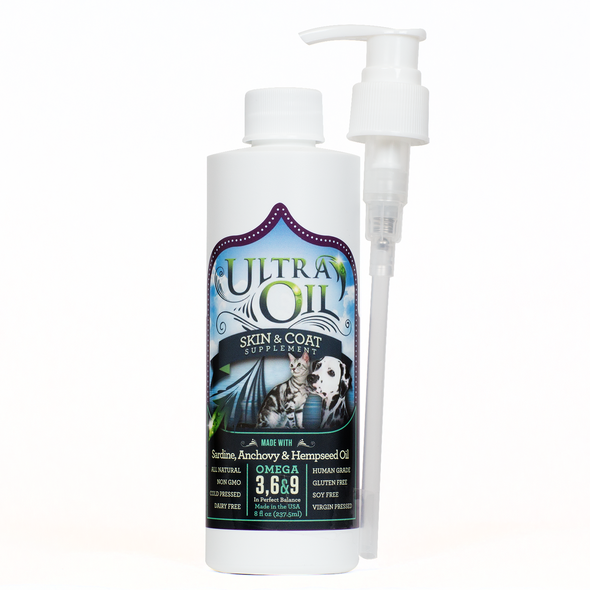 Ultra Oil Skin & Coat Supplement For Dogs and Cats, available at Barking Dog Bakery and Feed. Back of bottle.