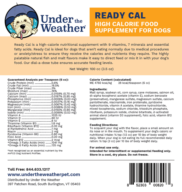 Ready Cal Supplement for Dogs, label