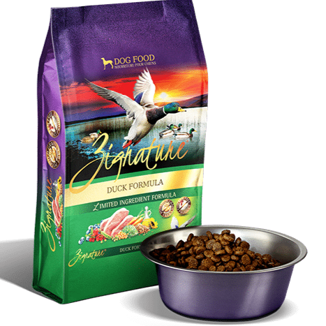 Zignature Duck Formula Dry Dog Food, front of bag with bowl